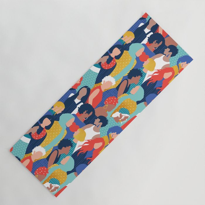 Every day we glow International Women's Day // midnight navy blue background teal, mint, electric blue neon orange red and gold humans  Yoga Mat Gallery Image 1