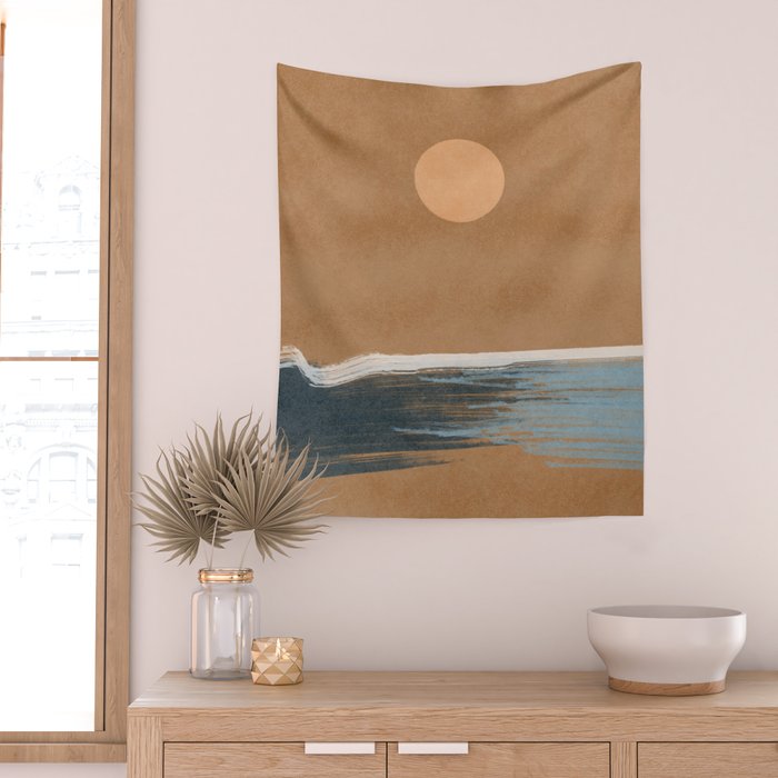 Sunset with minimal shapes on kraft paper Wall Tapestry Gallery Image 2