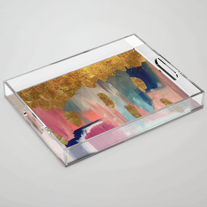Gold Leaf & Indigo Blue Abstract Acrylic Tray Gallery Image 1