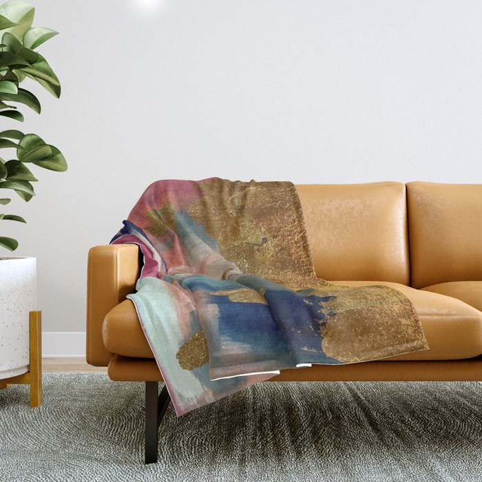 Gold Leaf & Indigo Blue Abstract Throw Blanket Gallery Image 1