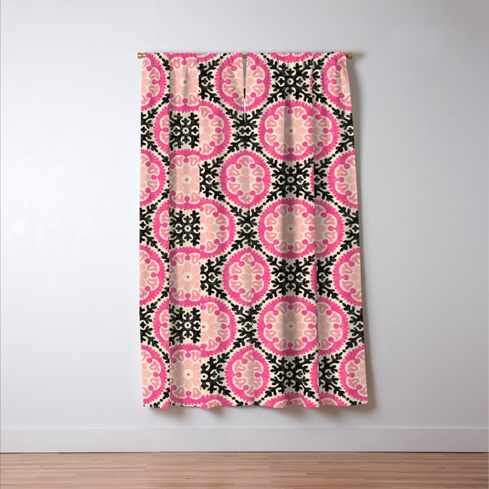 Folk Art Mandala - black, pink, and cream Window Curtain Gallery Image 3