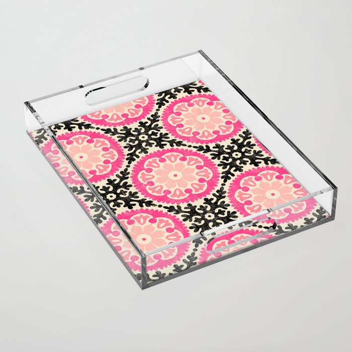 Folk Art Mandala - black, pink, and cream Acrylic Tray Gallery Image 1