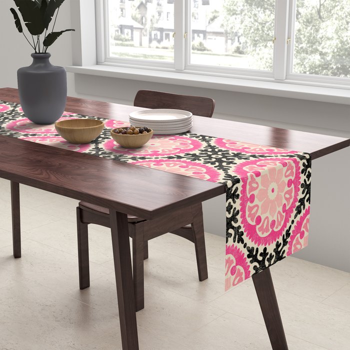 Folk Art Mandala - black, pink, and cream Table Runner Gallery Image 2