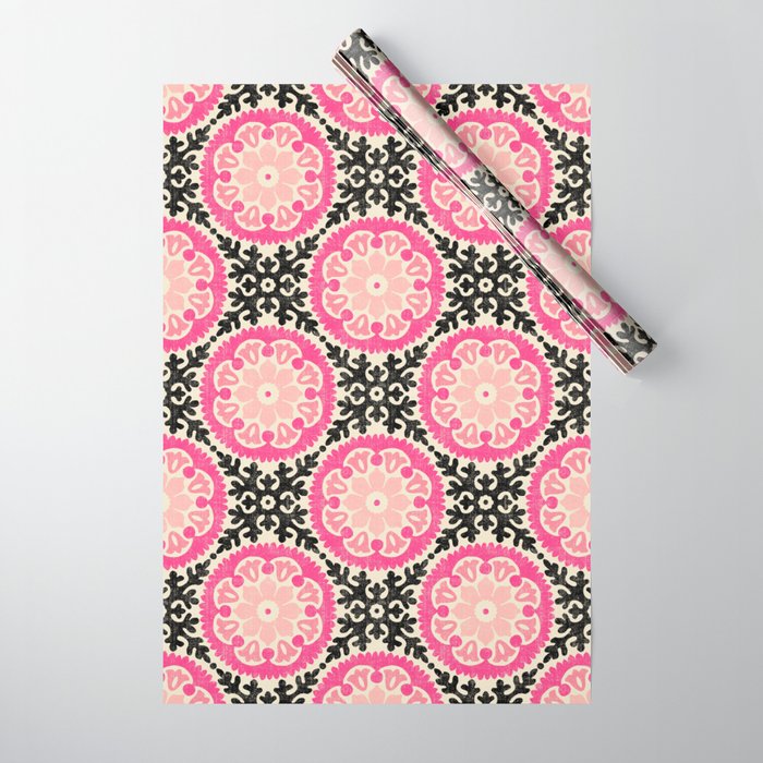 Folk Art Mandala - black, pink, and cream Wrapping Paper Gallery Image 1