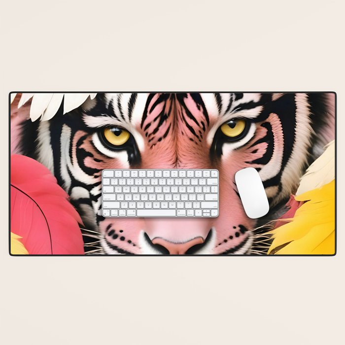 Miss Me? Tiger Portrait, Jungle Pose Tropical Nature Wildlife, Animals Wild Forest Eyes, Close-up Leopard Panther Cheetah Cats Pink Mixed Media Desk Mat Gallery Image 1