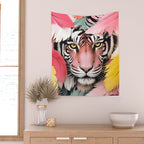 Miss Me? Tiger Portrait, Jungle Pose Tropical Nature Wildlife, Animals Wild Forest Eyes, Close-up Leopard Panther Cheetah Cats Pink Mixed Media Wall Tapestry Gallery Image 2