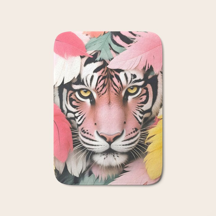 Miss Me? Tiger Portrait, Jungle Pose Tropical Nature Wildlife, Animals Wild Forest Eyes, Close-up Leopard Panther Cheetah Cats Pink Mixed Media Bath Mat Gallery Image 1
