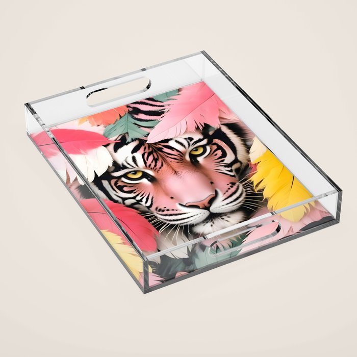 Miss Me? Tiger Portrait, Jungle Pose Tropical Nature Wildlife, Animals Wild Forest Eyes, Close-up Leopard Panther Cheetah Cats Pink Mixed Media Acrylic Tray Gallery Image 1
