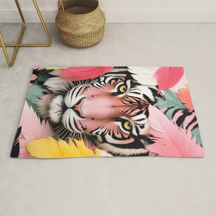 Miss Me? Tiger Portrait, Jungle Pose Tropical Nature Wildlife, Animals Wild Forest Eyes, Close-up Leopard Panther Cheetah Cats Pink Mixed Media Rug Gallery Image 1
