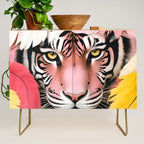 Miss Me? Tiger Portrait, Jungle Pose Tropical Nature Wildlife, Animals Wild Forest Eyes, Close-up Leopard Panther Cheetah Cats Pink Mixed Media Credenza Gallery Image 1