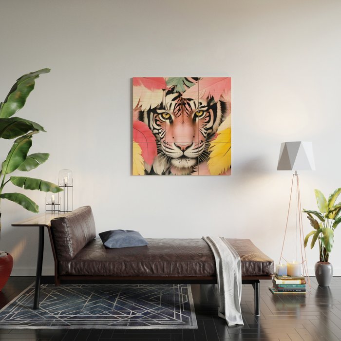 Miss Me? Tiger Portrait, Jungle Pose Tropical Nature Wildlife, Animals Wild Forest Eyes, Close-up Leopard Panther Cheetah Cats Pink Mixed Media Wood Wall Art Gallery Image 2