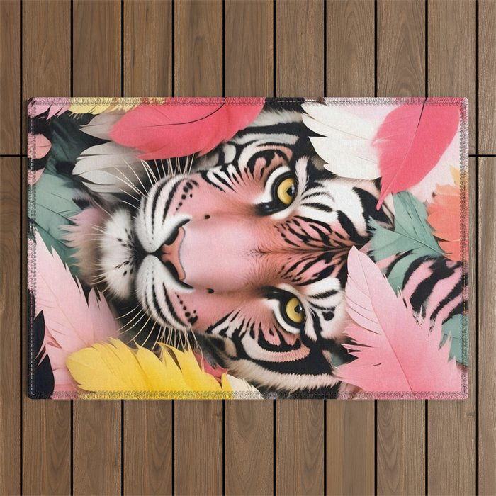 Miss Me? Tiger Portrait, Jungle Pose Tropical Nature Wildlife, Animals Wild Forest Eyes, Close-up Leopard Panther Cheetah Cats Pink Mixed Media Outdoor Rug Gallery Image 1