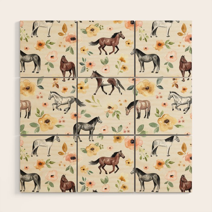 Horses and Flowers, Sunrise Floral, Cream, Horse Print, Horse Illustration, Pink and Yellow, Equestrian, Little Girls Wood Wall Art Gallery Image 1