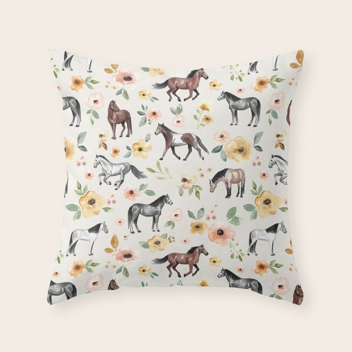Horses and Flowers, Sunrise Floral, Cream, Horse Print, Horse Illustration, Pink and Yellow, Equestrian, Little Girls Throw Pillow Gallery Image 6