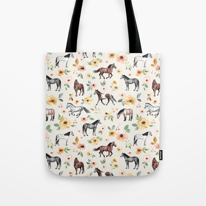 Horses and Flowers, Sunrise Floral, Cream, Horse Print, Horse Illustration, Pink and Yellow, Equestrian, Little Girls Tote Bag Gallery Image 1