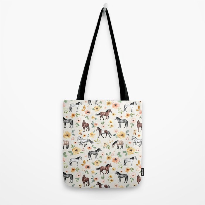 Horses and Flowers, Sunrise Floral, Cream, Horse Print, Horse Illustration, Pink and Yellow, Equestrian, Little Girls Tote Bag Gallery Image 2
