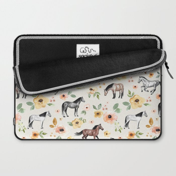 Horses and Flowers, Sunrise Floral, Cream, Horse Print, Horse Illustration, Pink and Yellow, Equestrian, Little Girls Laptop Sleeve Gallery Image 2