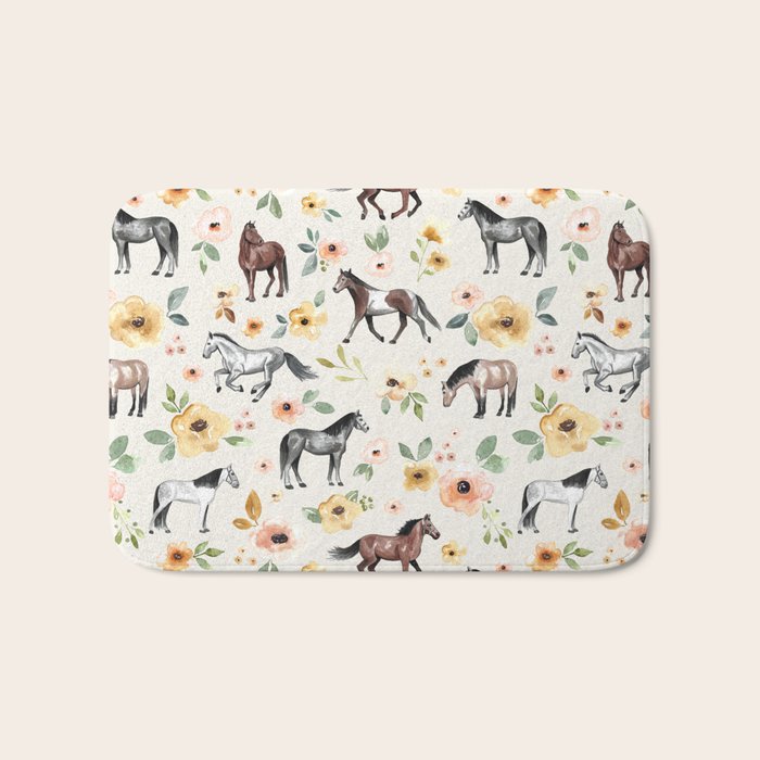 Horses and Flowers, Sunrise Floral, Cream, Horse Print, Horse Illustration, Pink and Yellow, Equestrian, Little Girls Bath Mat Gallery Image 1