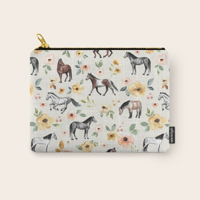 Horses and Flowers, Sunrise Floral, Cream, Horse Print, Horse Illustration, Pink and Yellow, Equestrian, Little Girls Carry All Pouch Gallery Image 1