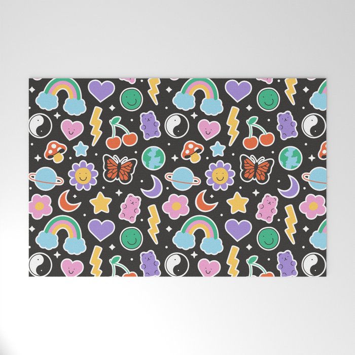 Fun retro cartoon doodle sticker pattern Welcome Mat Gallery Image 1