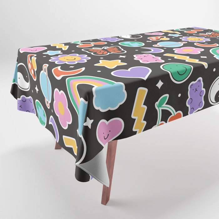 Fun retro cartoon doodle sticker pattern Tablecloth Gallery Image 1