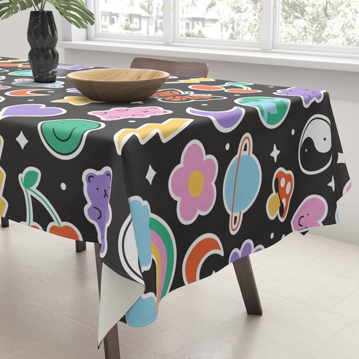 Fun retro cartoon doodle sticker pattern Tablecloth Gallery Image 3