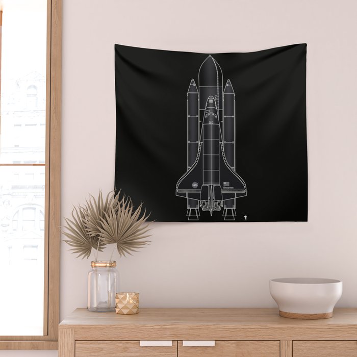 NASA Space Shuttle Blueprint in High Resolution (all black)  Wall Tapestry Gallery Image 2