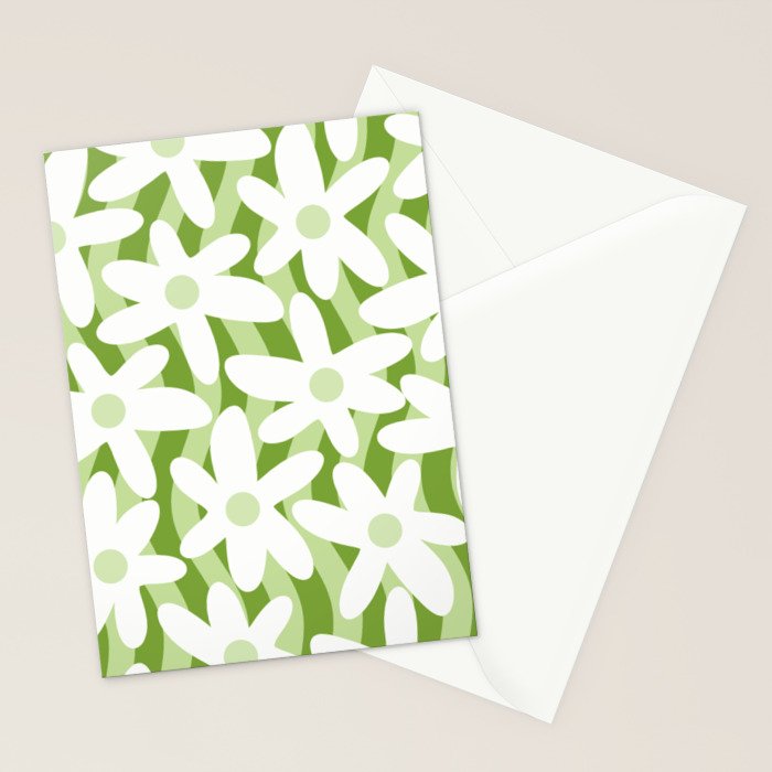 Sage and Olive Green Trippy Wavy Striped Flower Pattern Stationery Card Gallery Image 2