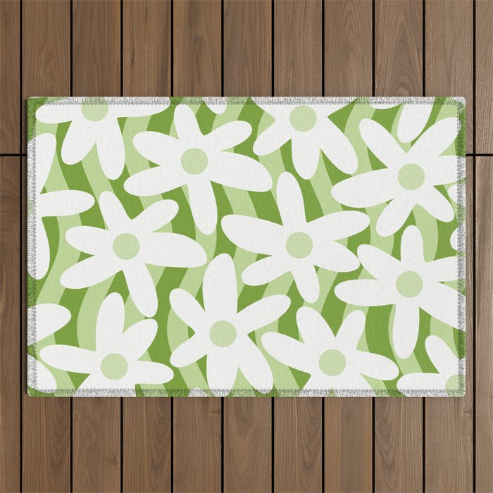 Sage and Olive Green Trippy Wavy Striped Flower Pattern Outdoor Rug Gallery Image 1