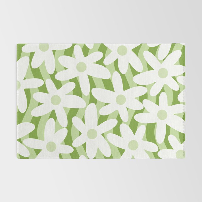 Sage and Olive Green Trippy Wavy Striped Flower Pattern Rug Gallery Image 2