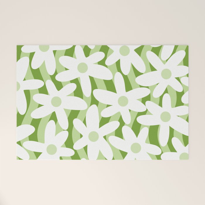 Sage and Olive Green Trippy Wavy Striped Flower Pattern Welcome Mat Gallery Image 1