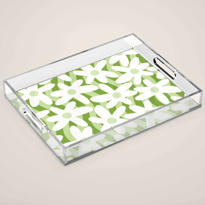 Sage and Olive Green Trippy Wavy Striped Flower Pattern Acrylic Tray Gallery Image 1