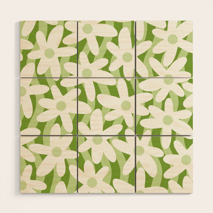 Sage and Olive Green Trippy Wavy Striped Flower Pattern Wood Wall Art Gallery Image 1