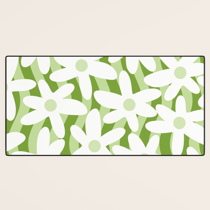 Sage and Olive Green Trippy Wavy Striped Flower Pattern Desk Mat Gallery Image 3