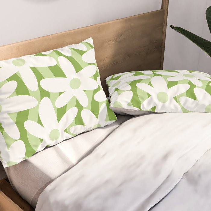 Sage and Olive Green Trippy Wavy Striped Flower Pattern Pillow Sham Gallery Image 2