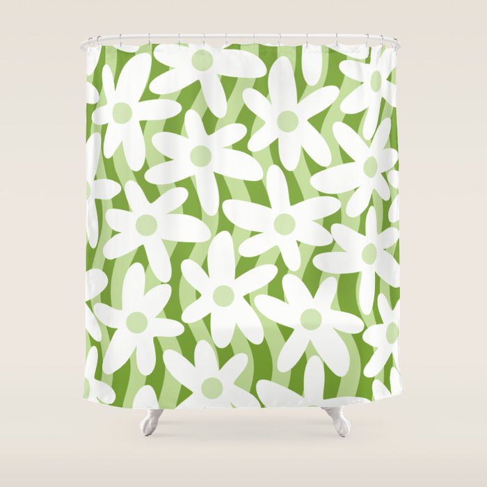 Sage and Olive Green Trippy Wavy Striped Flower Pattern Shower Curtain Gallery Image 1