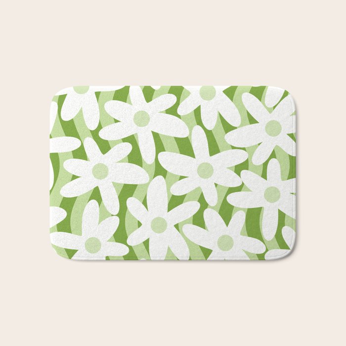 Sage and Olive Green Trippy Wavy Striped Flower Pattern Bath Mat Gallery Image 1