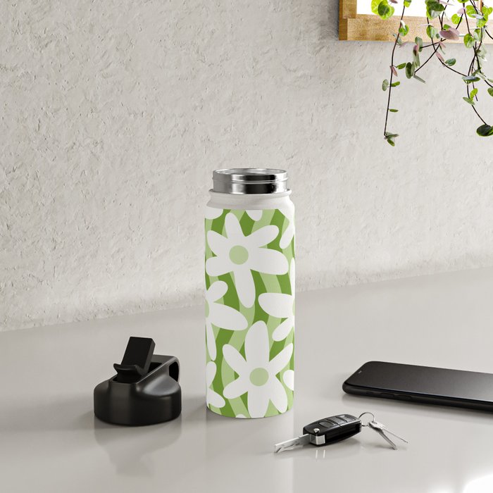 Sage and Olive Green Trippy Wavy Striped Flower Pattern Water Bottle Gallery Image 4