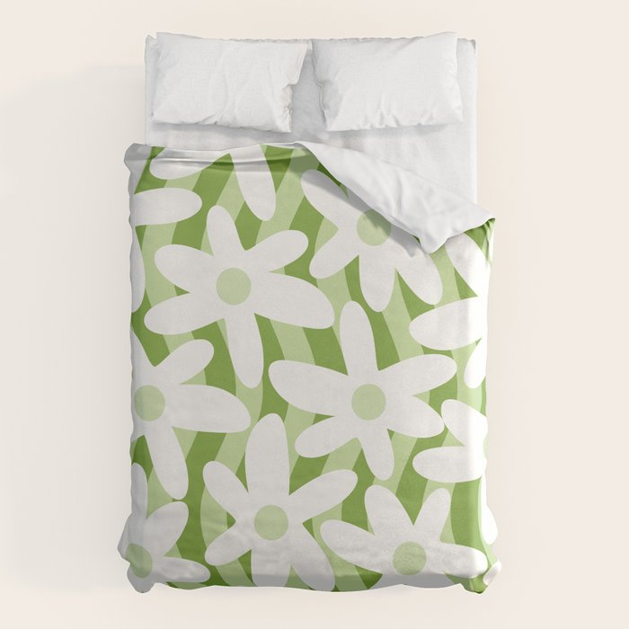 Sage and Olive Green Trippy Wavy Striped Flower Pattern Duvet Cover Gallery Image 1
