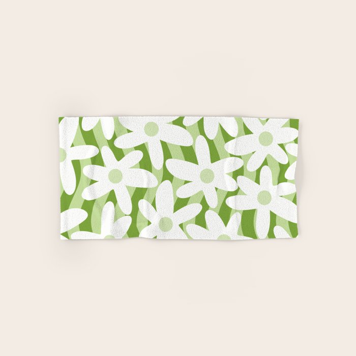 Sage and Olive Green Trippy Wavy Striped Flower Pattern Bath Towel Gallery Image 1