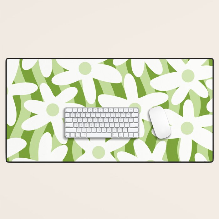 Sage and Olive Green Trippy Wavy Striped Flower Pattern Desk Mat Gallery Image 1