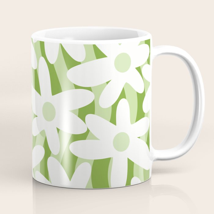 Sage and Olive Green Trippy Wavy Striped Flower Pattern Coffee Mug Gallery Image 1