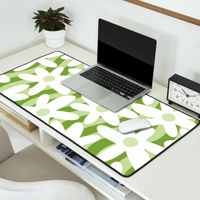 Sage and Olive Green Trippy Wavy Striped Flower Pattern Desk Mat Gallery Image 2