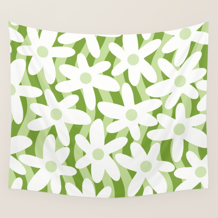 Sage and Olive Green Trippy Wavy Striped Flower Pattern Wall Tapestry Gallery Image 4