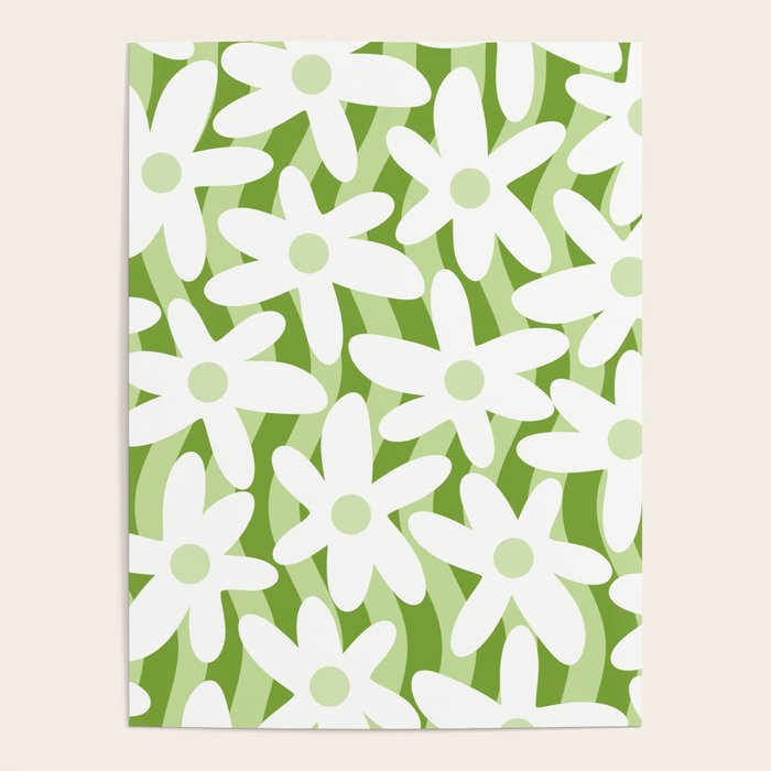 Sage and Olive Green Trippy Wavy Striped Flower Pattern Poster Gallery Image 4