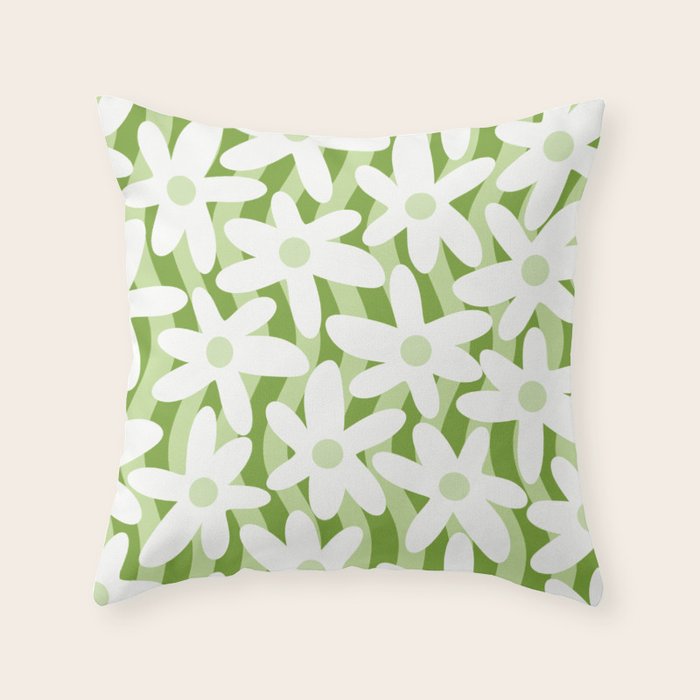 Sage and Olive Green Trippy Wavy Striped Flower Pattern Throw Pillow Gallery Image 6