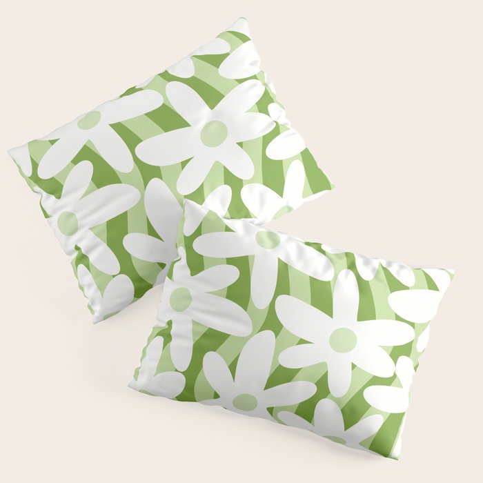 Sage and Olive Green Trippy Wavy Striped Flower Pattern Pillow Sham Gallery Image 3