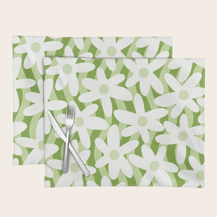 Sage and Olive Green Trippy Wavy Striped Flower Pattern Placemat Gallery Image 1