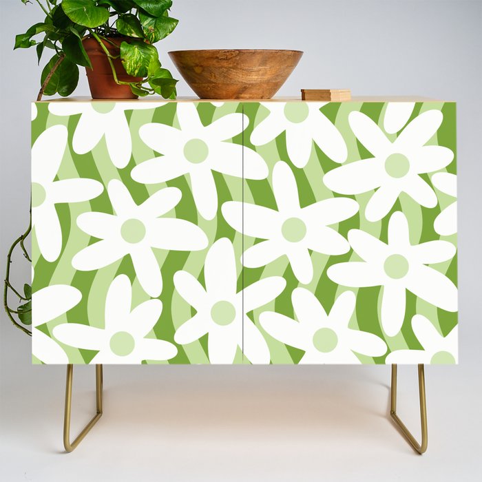 Sage and Olive Green Trippy Wavy Striped Flower Pattern Credenza Gallery Image 1