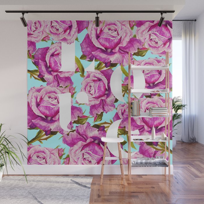 Love, Floral Typography Valentine's Graphic Design, Eclectic Modern Boho Botanical Rose Illustration Wall Mural Gallery Image 1